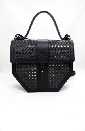 Sac à main en cannage et cuir noir sobre et élégant